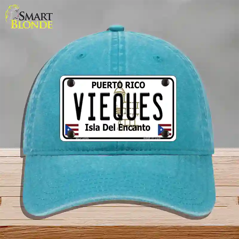 Vieques Puerto Rico Novelty License Plate Hat Unconstructed Cotton / Lake Blue