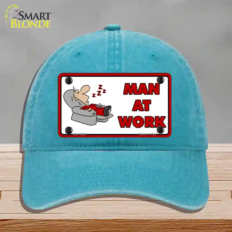 Man At Work Novelty License Plate Hat Unconstructed Cotton / Lake Blue