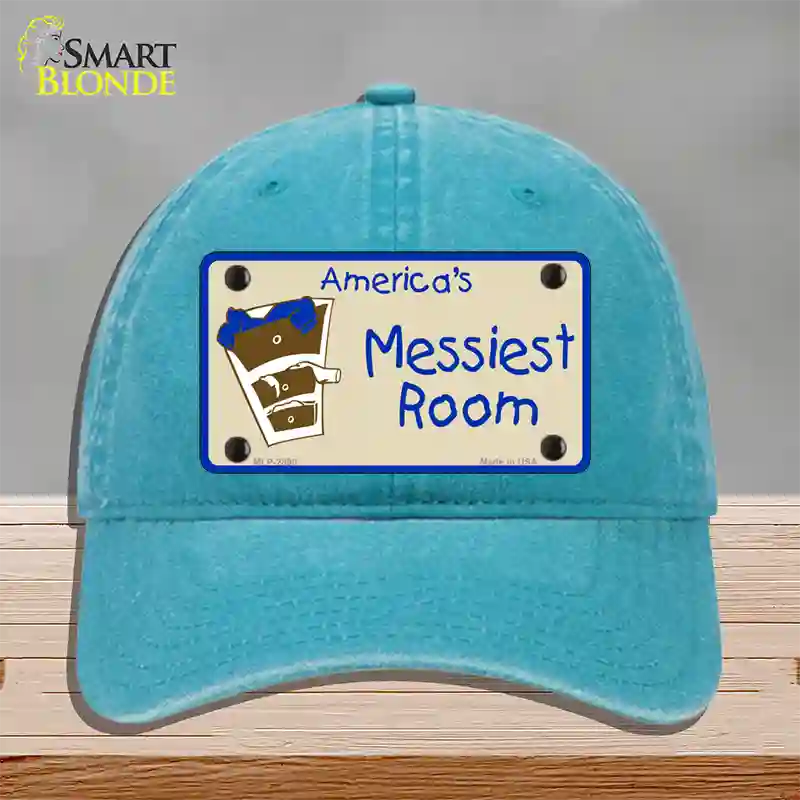 Americas Messiest Room Novelty License Plate Hat Unconstructed Cotton / Lake Blue