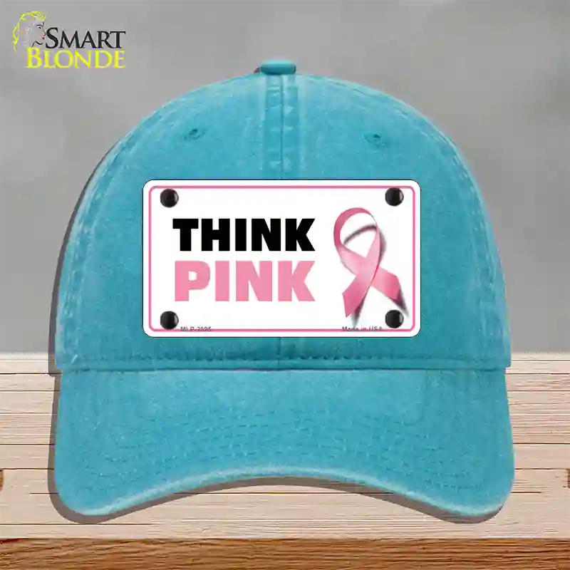 Think Pink Novelty License Plate Hat Sign Unconstructed Cotton / Lake Blue