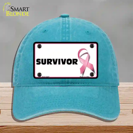 Survivor Breast Cancer Novelty License Plate Hat Unconstructed Cotton / Lake Blue