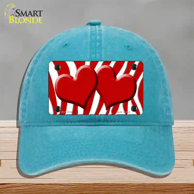 Red White Zebra Red Centered Hearts Novelty License Plate Hat Unconstructed Cotton / Lake Blue