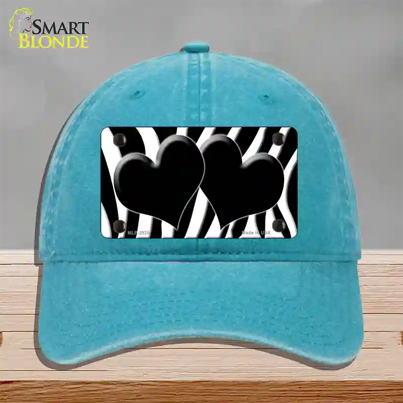 Black White Zebra Black Centered Hearts Novelty License Plate Hat Unconstructed Cotton / Lake Blue