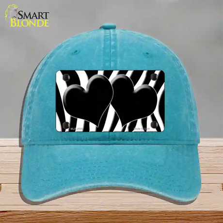 Black White Zebra Black Centered Hearts Novelty License Plate Hat Unconstructed Cotton / Lake Blue