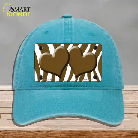 Brown White Zebra Brown Centered Hearts Novelty License Plate Hat Unconstructed Cotton / Lake Blue