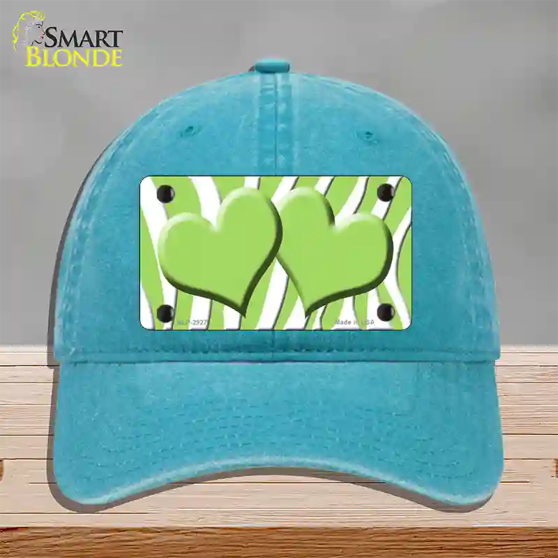 Lime Green White Zebra Lime Green Centered Hearts Novelty License Plate Hat Unconstructed Cotton / Lake Blue