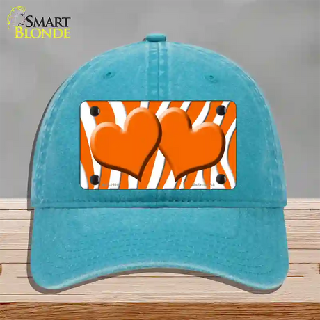 Orange White Zebra Orange Centered Hearts Novelty License Plate Hat Unconstructed Cotton / Lake Blue