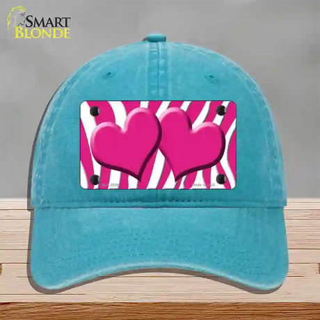 Pink White Zebra Pink Centered Hearts Novelty License Plate Hat Unconstructed Cotton / Lake Blue