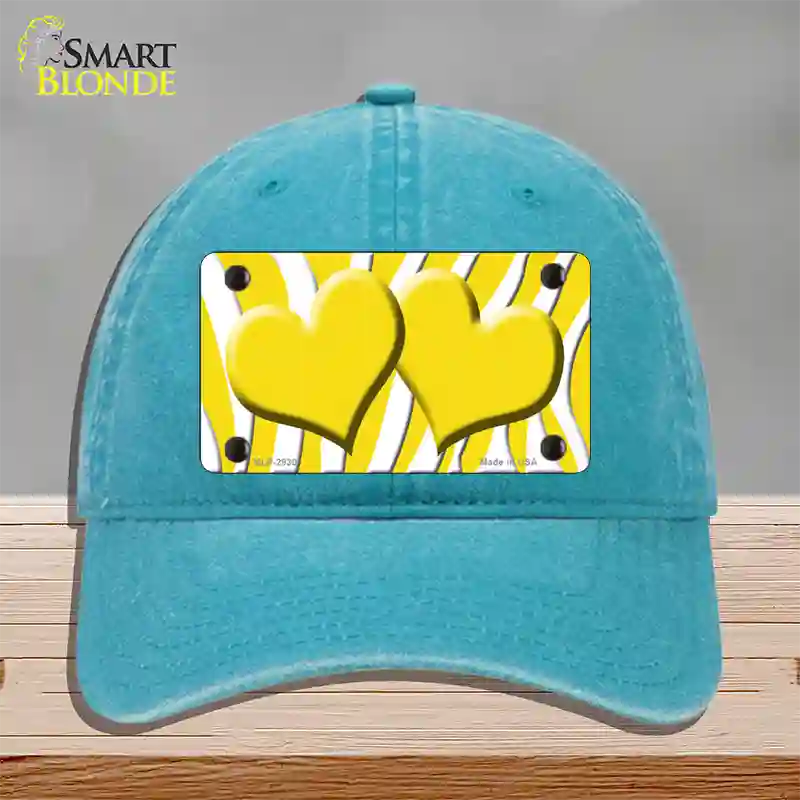 Yellow White Zebra Yellow Centered Hearts Novelty License Plate Hat Unconstructed Cotton / Lake Blue