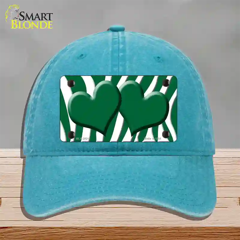 Green White Zebra Green Centered Hearts Novelty License Plate Hat Unconstructed Cotton / Lake Blue