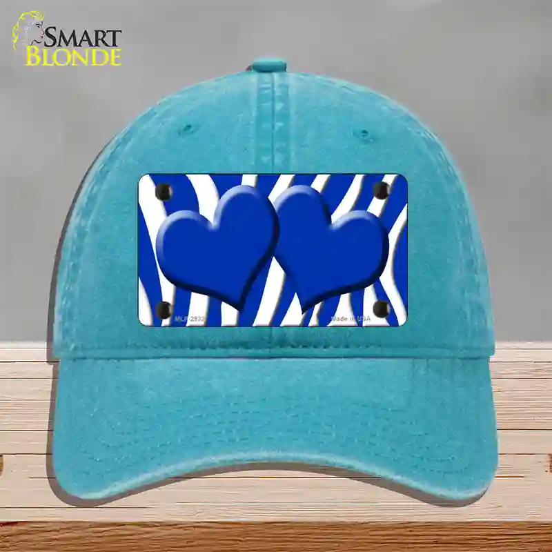 Blue White Zebra Blue Centered Hearts Novelty License Plate Hat Unconstructed Cotton / Lake Blue