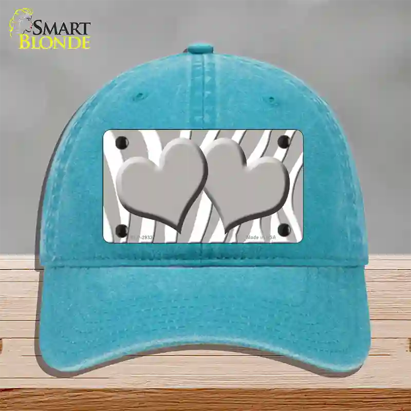 Grey White Zebra Blue Centered Hearts Novelty License Plate Hat Unconstructed Cotton / Lake Blue