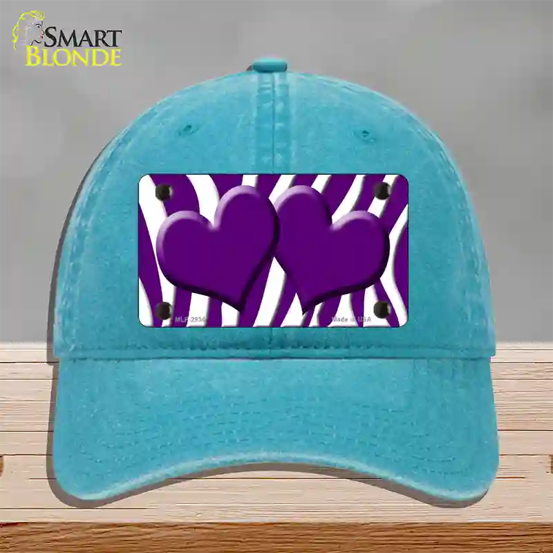 Purple White Zebra Purple Centered Hearts Novelty License Plate Hat Unconstructed Cotton / Lake Blue