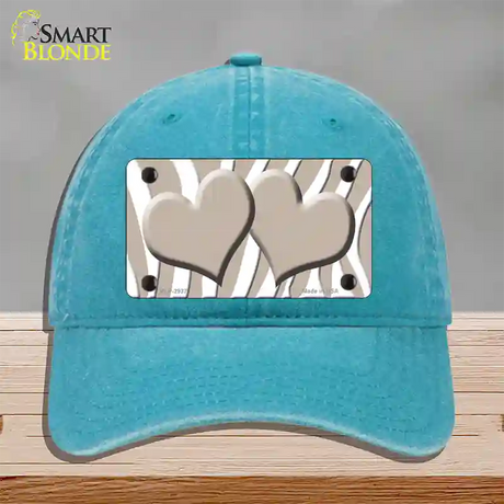 Tan White Zebra Tan Centered Hearts Novelty License Plate Hat Unconstructed Cotton / Lake Blue