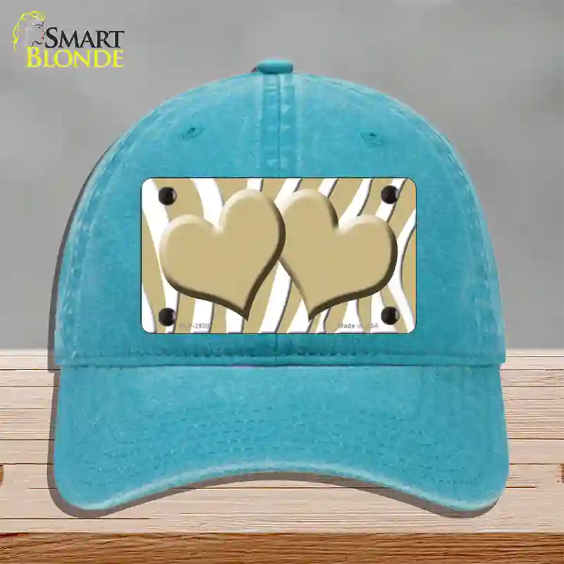 Gold White Zebra Gold Centered Hearts Novelty License Plate Hat Unconstructed Cotton / Lake Blue