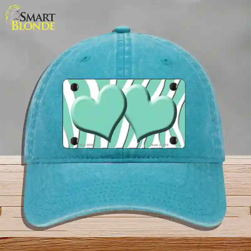 Mint White Zebra Mint Centered Hearts Novelty License Plate Hat Unconstructed Cotton / Lake Blue