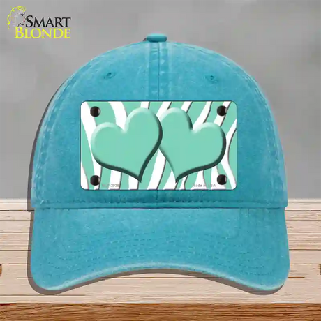 Mint White Zebra Mint Centered Hearts Novelty License Plate Hat Unconstructed Cotton / Lake Blue