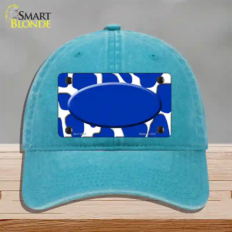 Blue White Giraffe Blue Center Oval Novelty License Plate Hat Unconstructed Cotton / Lake Blue