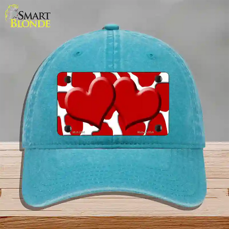 Red White Giraffe Red Centered Hearts Novelty License Plate Hat Unconstructed Cotton / Lake Blue