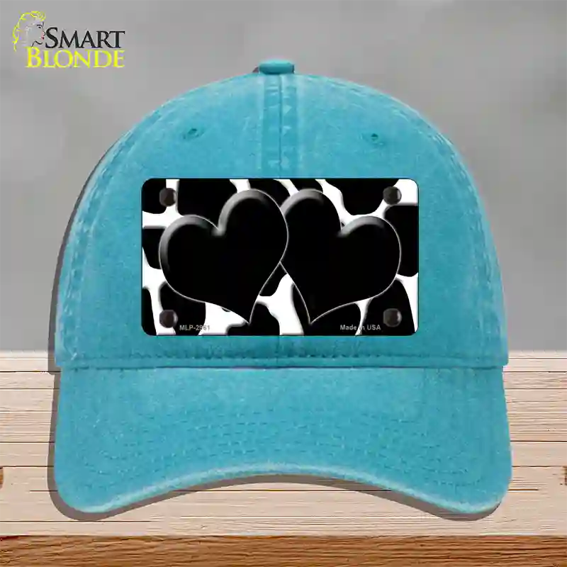 Black White Giraffe Black Centered Hearts Novelty License Plate Hat Unconstructed Cotton / Lake Blue