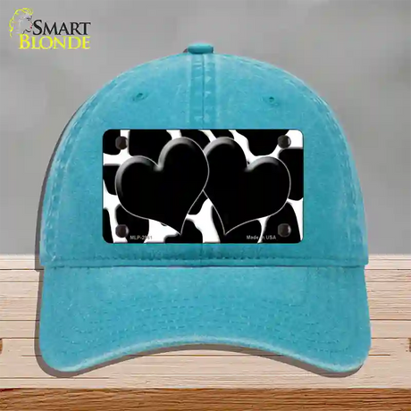 Black White Giraffe Black Centered Hearts Novelty License Plate Hat Unconstructed Cotton / Lake Blue