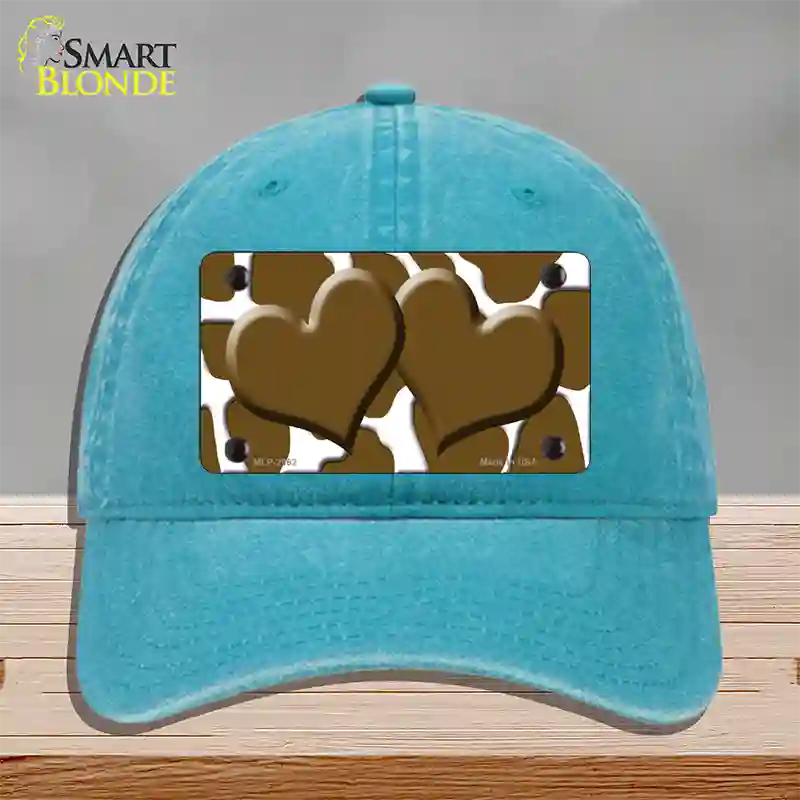 Brown White Giraffe Brown Centered Hearts Novelty License Plate Hat Unconstructed Cotton / Lake Blue