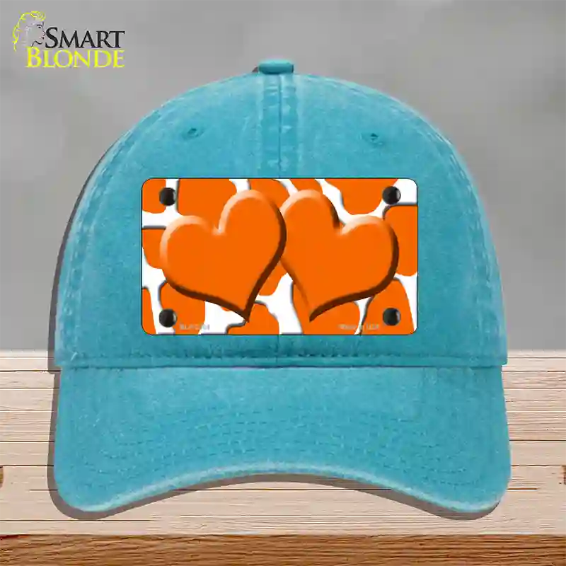 Orange White Giraffe Orange Centered Hearts Novelty License Plate Hat Unconstructed Cotton / Lake Blue