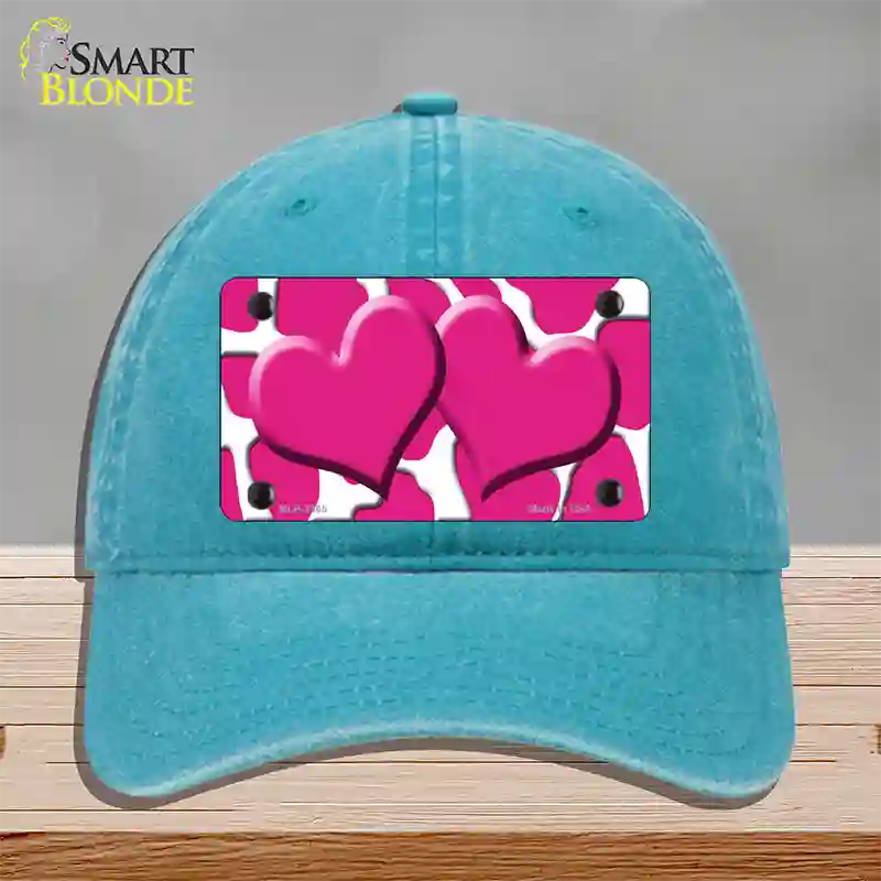 Pink White Giraffe Pink Centered Hearts Novelty License Plate Hat Unconstructed Cotton / Lake Blue