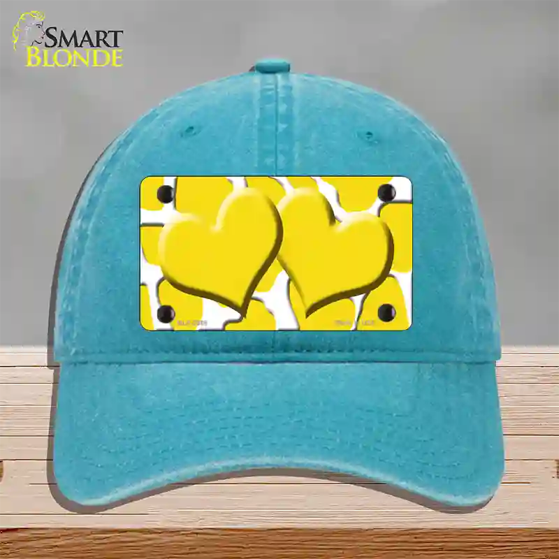 Yellow White Giraffe Yellow Centered Hearts Novelty License Plate Hat Unconstructed Cotton / Lake Blue