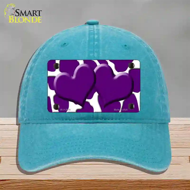 Purple White Giraffe Purple Centered Hearts Novelty License Plate Hat Unconstructed Cotton / Lake Blue