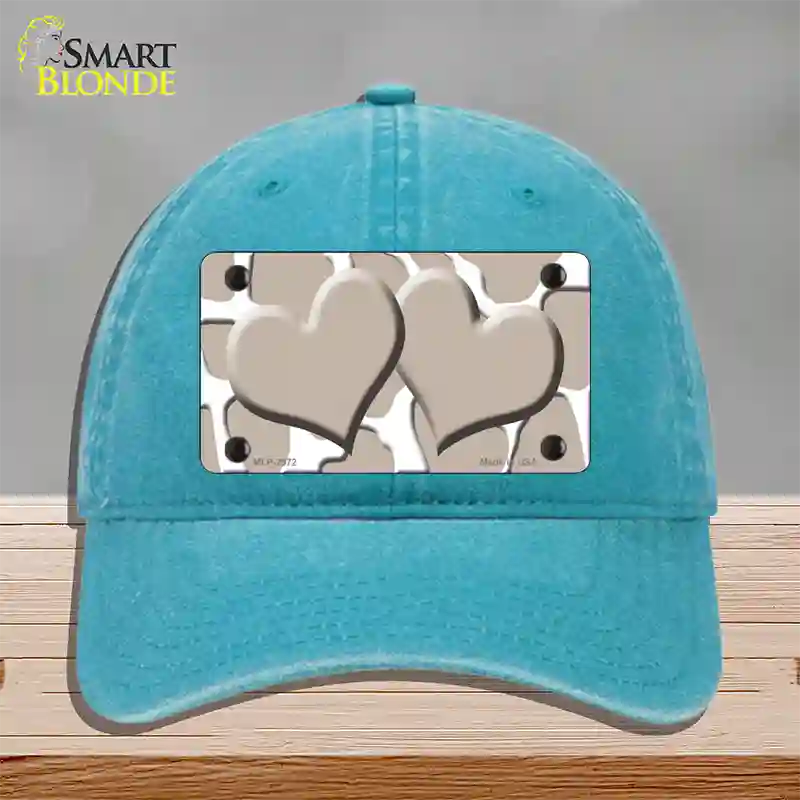 Tan White Giraffe Tan Centered Hearts Novelty License Plate Hat Unconstructed Cotton / Lake Blue