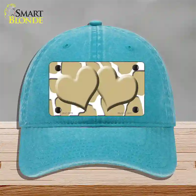 Gold White Giraffe Gold Centered Hearts Novelty License Plate Hat Unconstructed Cotton / Lake Blue