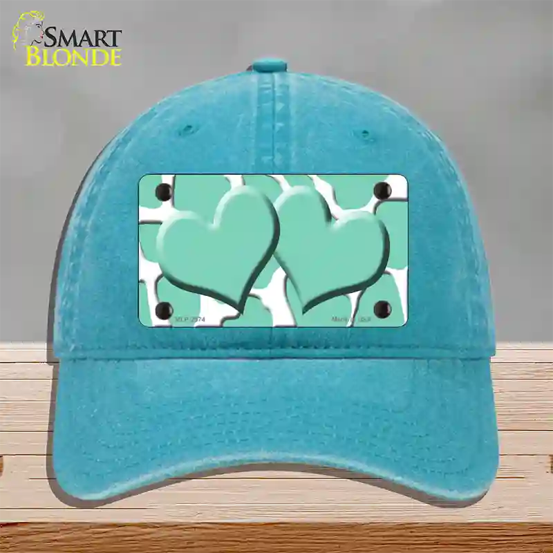 Mint White Giraffe Mint Centered Hearts Novelty License Plate Hat Unconstructed Cotton / Lake Blue