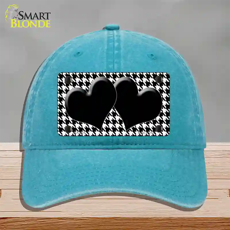 White Black Houndstooth Black Center Hearts Novelty License Plate Hat Unconstructed Cotton / Lake Blue