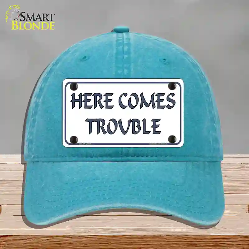 Here Comes Trouble Novelty License Plate Hat Unconstructed Cotton / Lake Blue