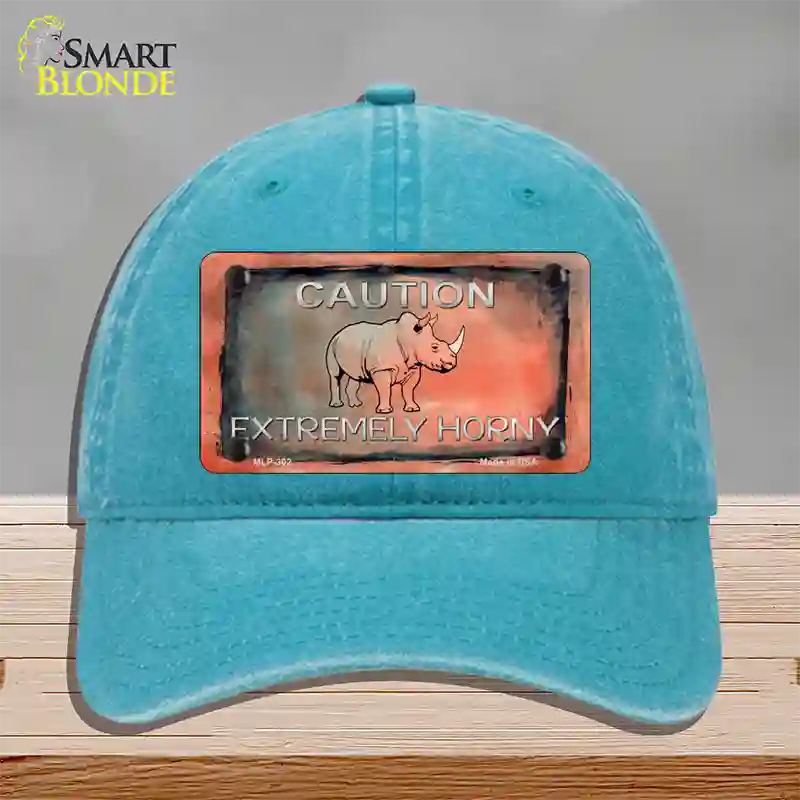 Caution Extremely Horny Novelty License Plate Hat Unconstructed Cotton / Lake Blue