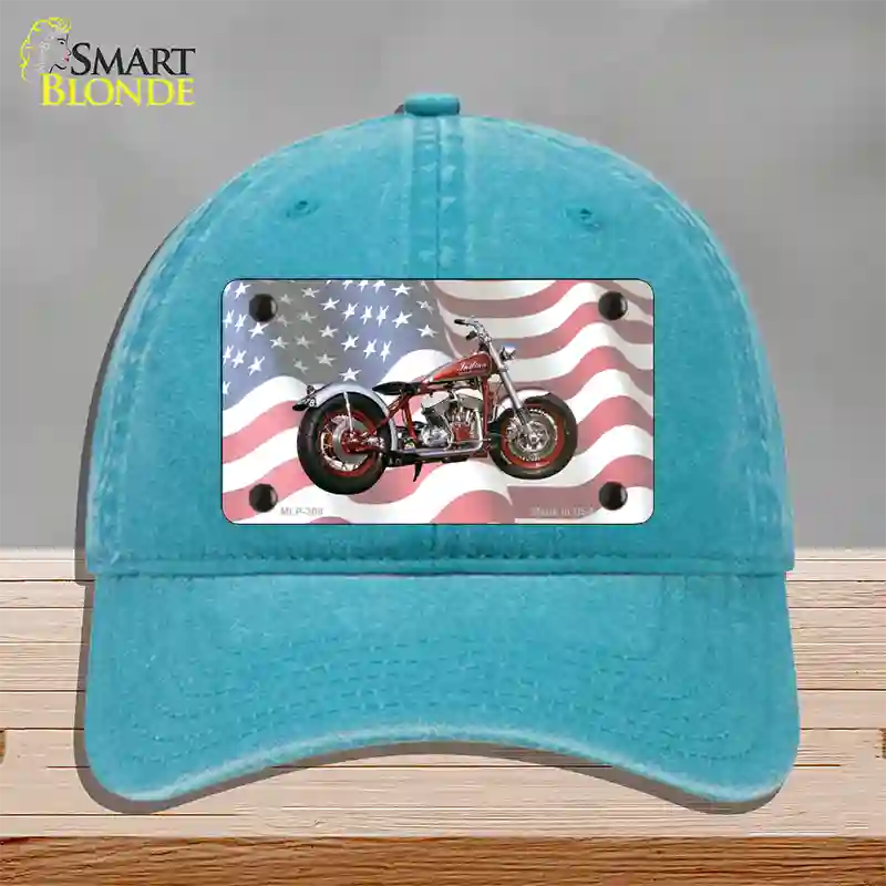 Indian Motorcycle American Flag Novelty License Plate Hat Unconstructed Cotton / Lake Blue