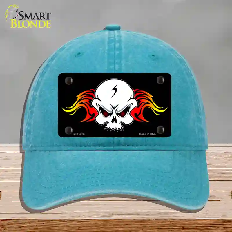 Skull Flame Novelty License Plate Hat Unconstructed Cotton / Lake Blue