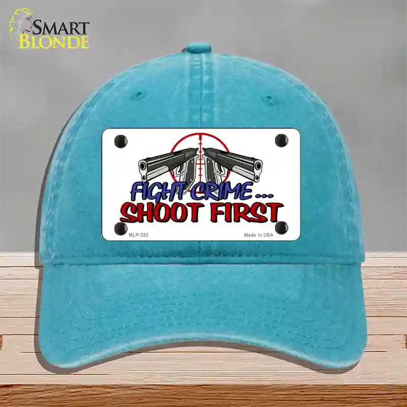 Fight Crime Shoot First Novelty License Plate Hat Unconstructed Cotton / Lake Blue