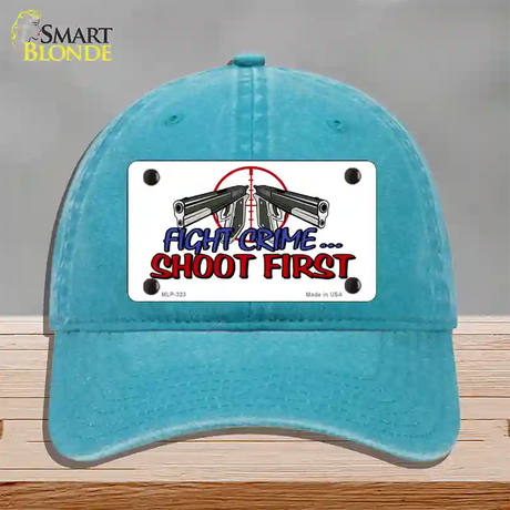 Fight Crime Shoot First Novelty License Plate Hat Unconstructed Cotton / Lake Blue