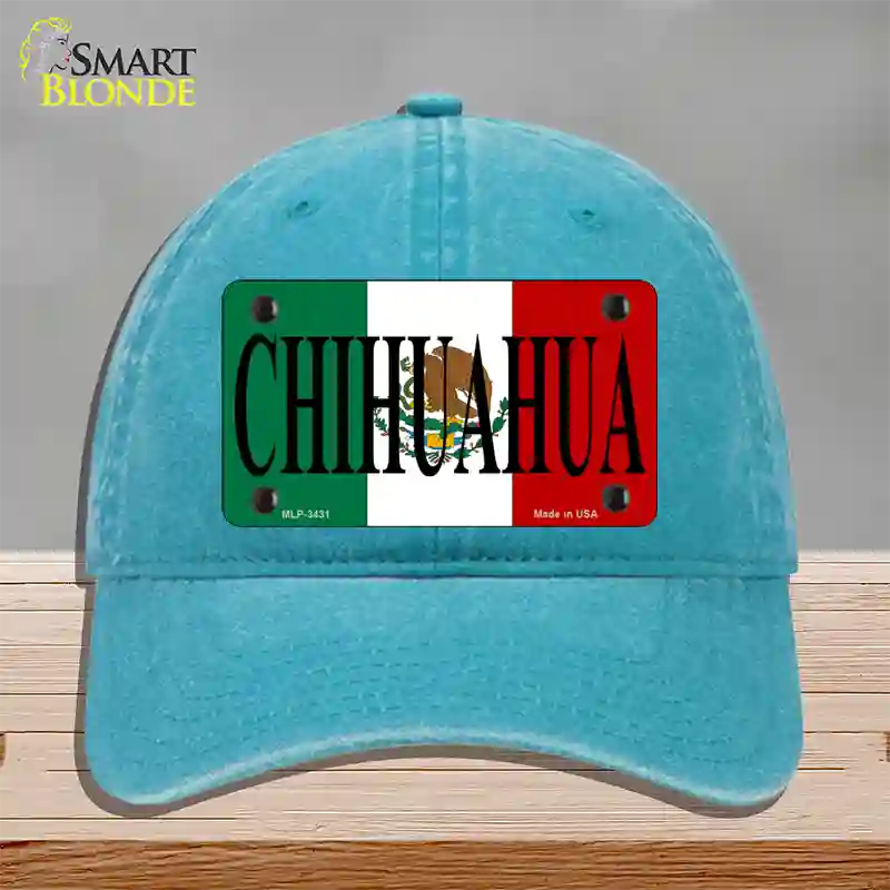 Chihuahua Mexico Flag Novelty License Plate Hat Unconstructed Cotton / Lake Blue