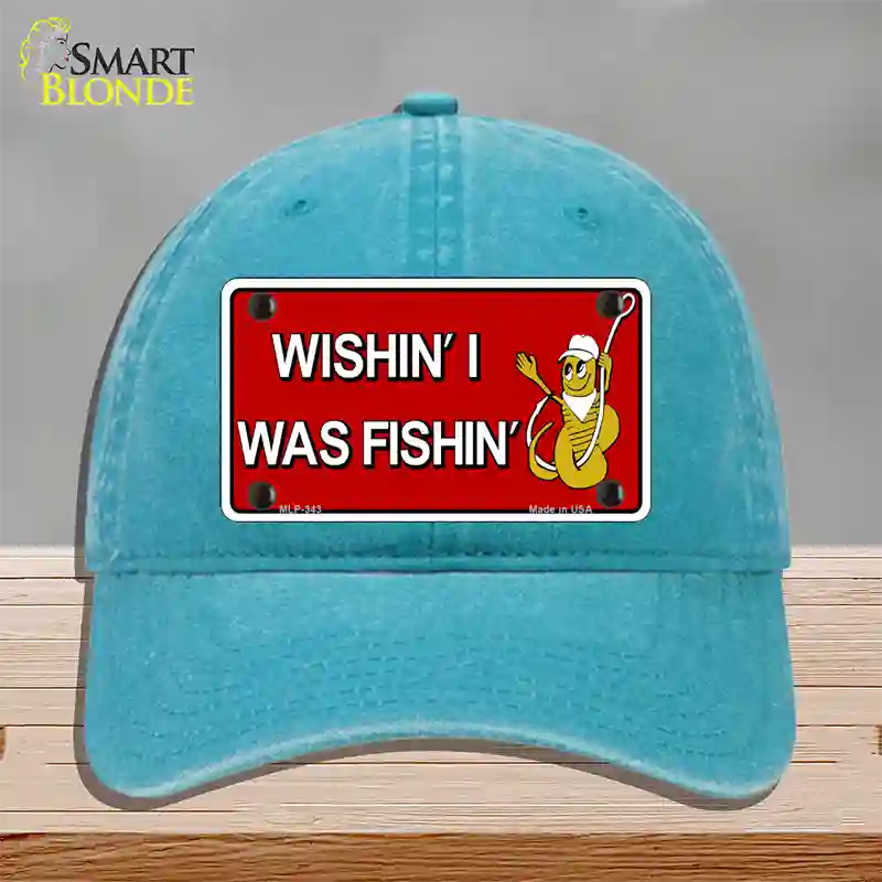 Wishin I Was Fishin Red Novelty License Plate Hat Unconstructed Cotton / Lake Blue