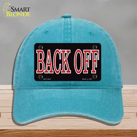 Back Off Black Novelty License Plate Hat Unconstructed Cotton / Lake Blue