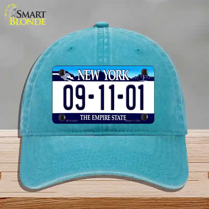 9 11 01 New York Novelty License Plate Hat Unconstructed Cotton / Lake Blue