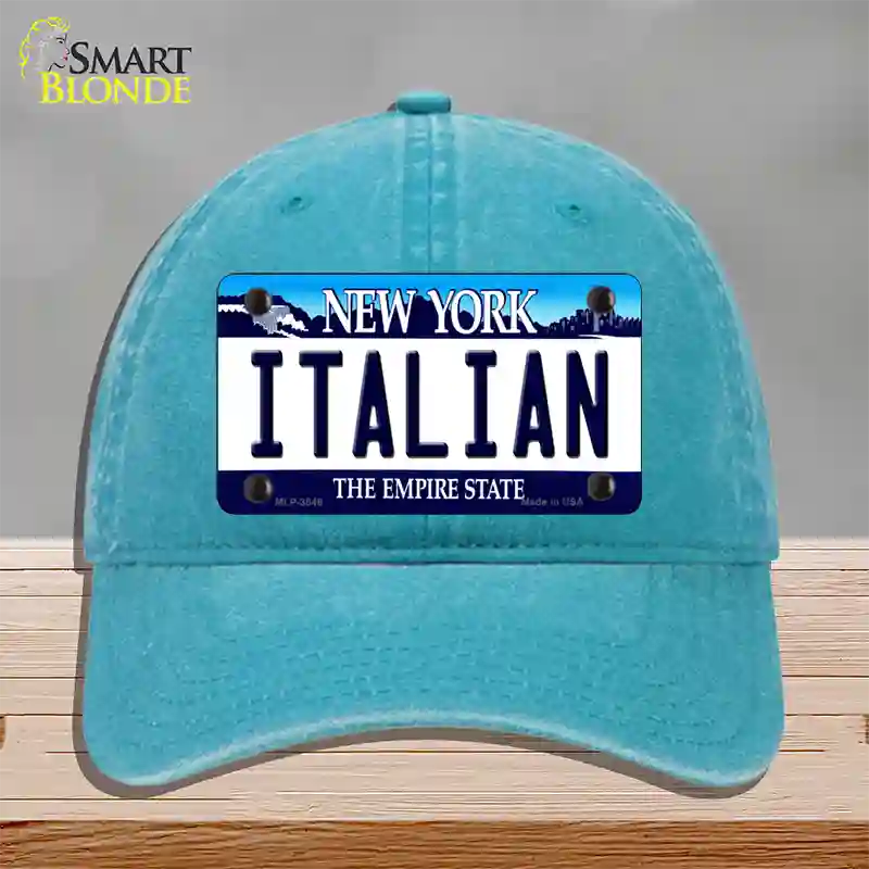 Italian New York Novelty License Plate Hat Unconstructed Cotton / Lake Blue