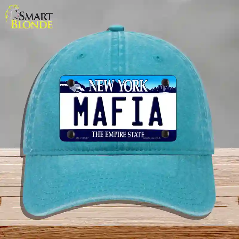 Mafia New York Novelty License Plate Hat Unconstructed Cotton / Lake Blue