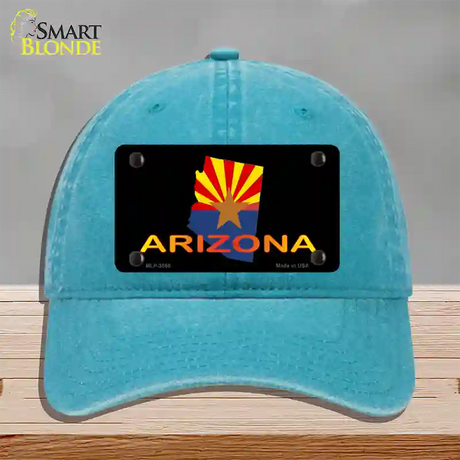 Arizona Flag Filled State Outline Novelty License Plate Hat Unconstructed Cotton / Lake Blue