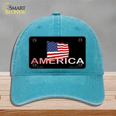 American Flag Black Novelty License Plate Hat Unconstructed Cotton / Lake Blue