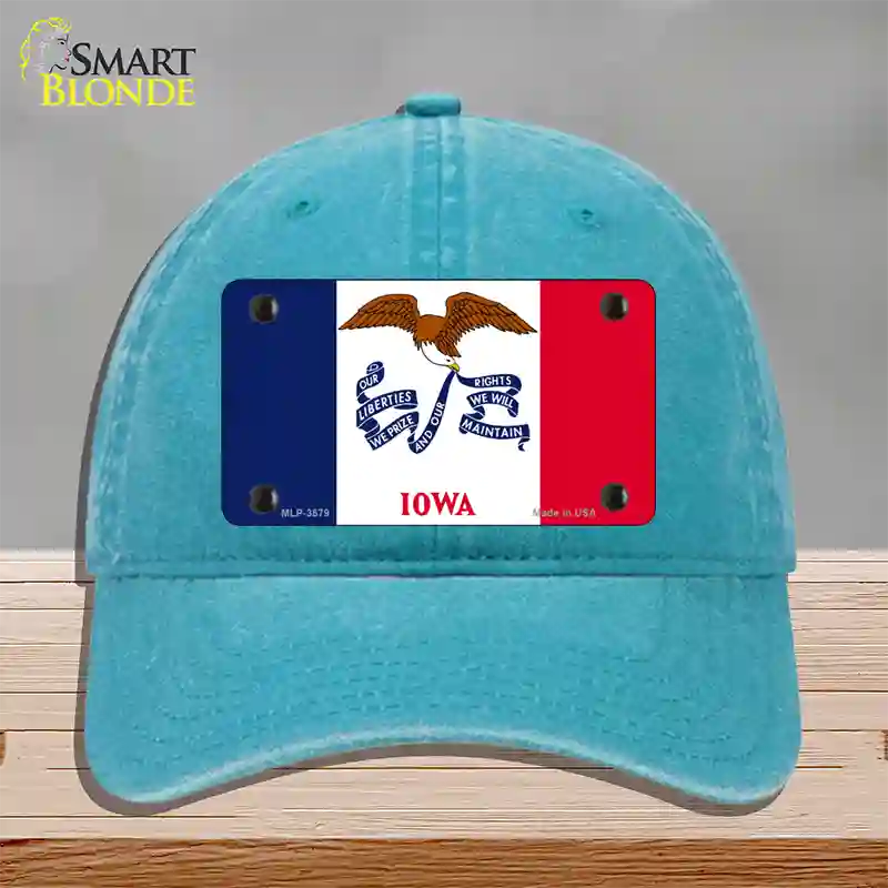 Iowa State Flag Novelty License Plate Hat Unconstructed Cotton / Lake Blue