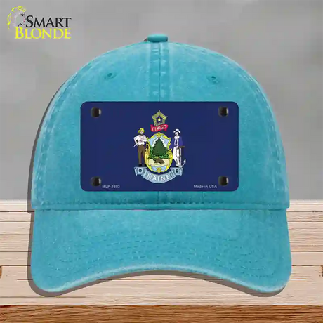 Maine State Flag Novelty License Plate Hat Unconstructed Cotton / Lake Blue